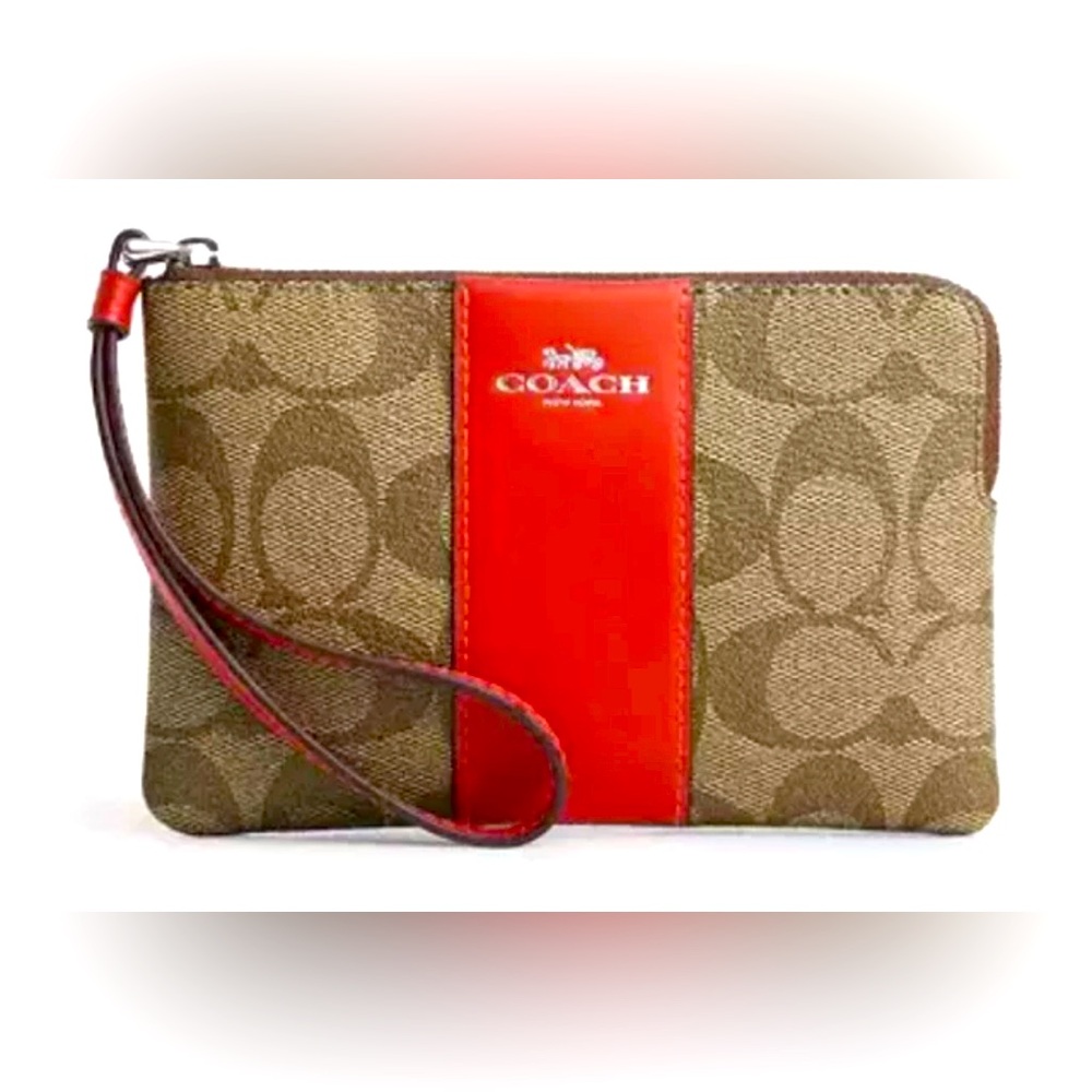COACH Corner Zip Wristlet Signature Canvas W/ Red Stripe - NEW W/ TAGS MSRP: $88